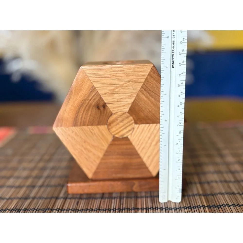Vintage Geometric Wood Hexagon Candle Holder Mid Century Modern Sunburst Inlay